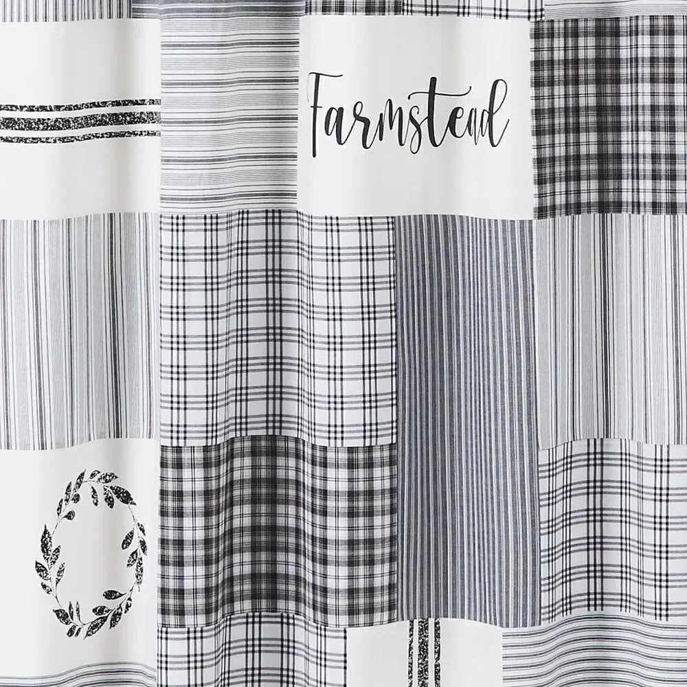 NEW! Farmhouse Black White Stenciled Patchwork Cotton Fabric Shower Curtain